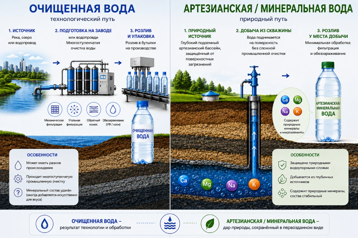 Различиях очищенной, артезианской и минеральной воды по источнику и способу получения