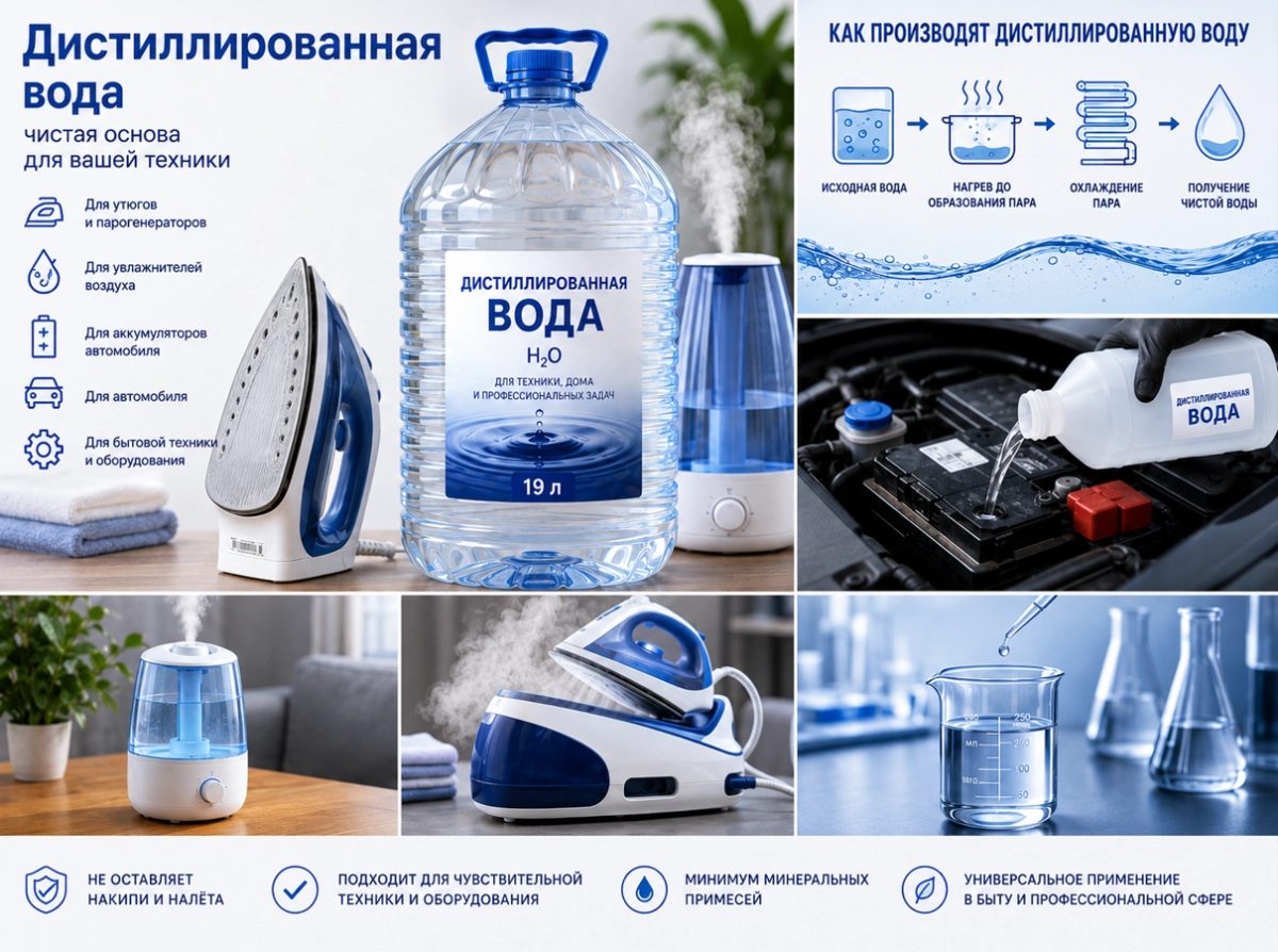 Дистиллированная вода для утюга, увлажнителя, аккумулятора и бытовой техники